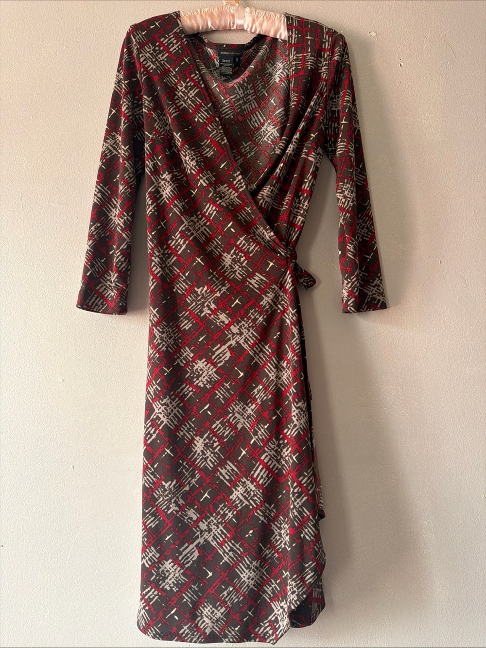 BCBGMaxAzria Red, Brown and Cream Long Sleeve Wrap Dress